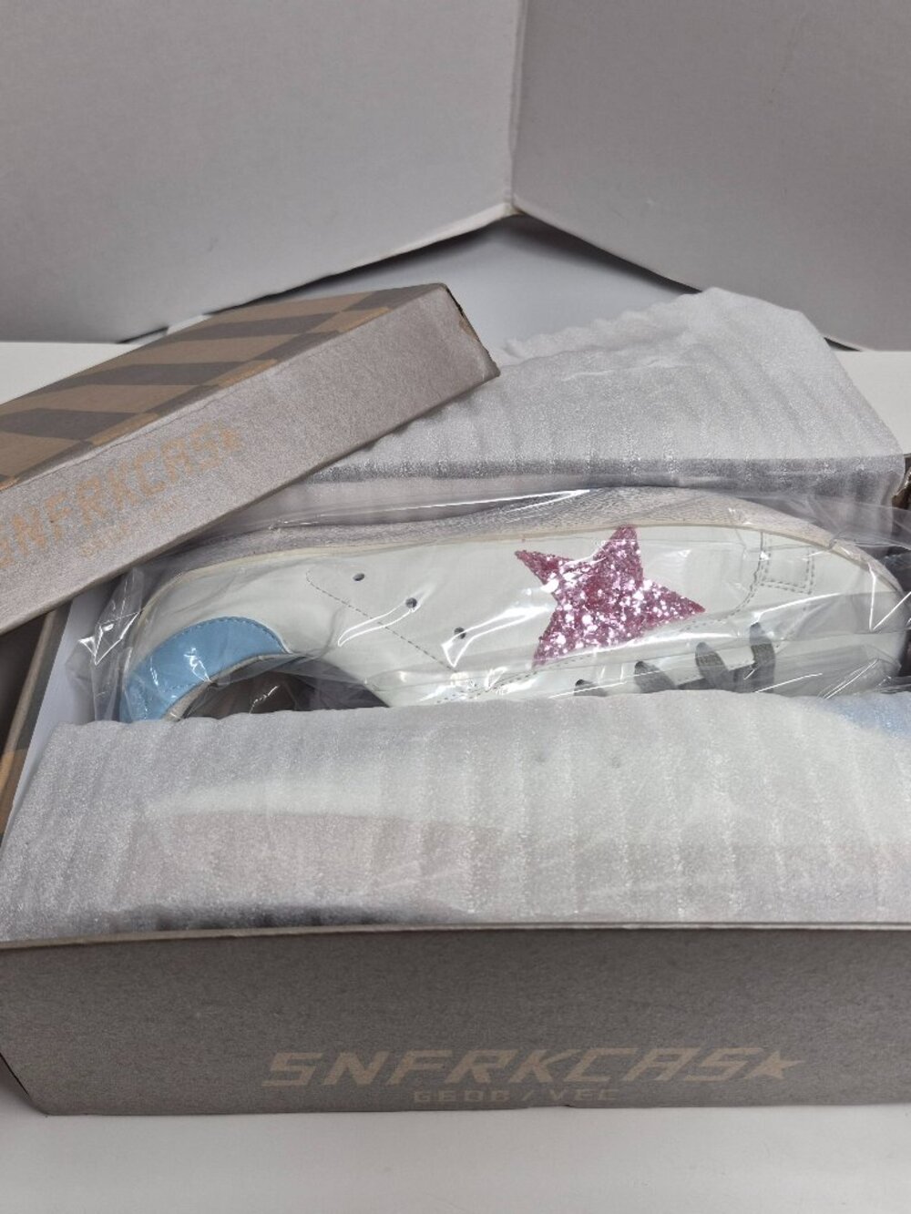 White Bonded Leather Sneakers Pink Glitter Star Blue Heel Size 42